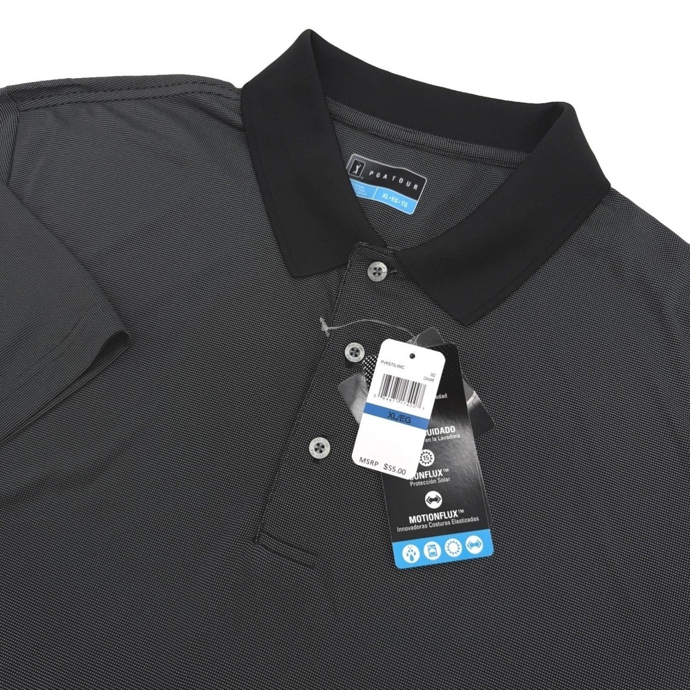 PGA Tour Polo Shirt Mens XL Black Textured MotionFlux SunFlux Short Sleeve NEW